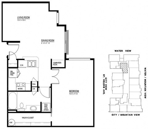 Floor plan for 1 bed, 1 bath, 735 sqft